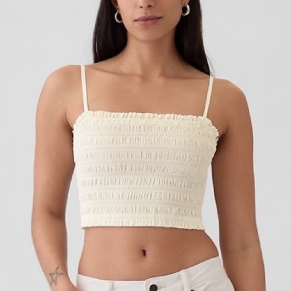 GAP Smocked Crop Top NWT Cream Elastic Ruching Adjustable Spaghetti Straps L